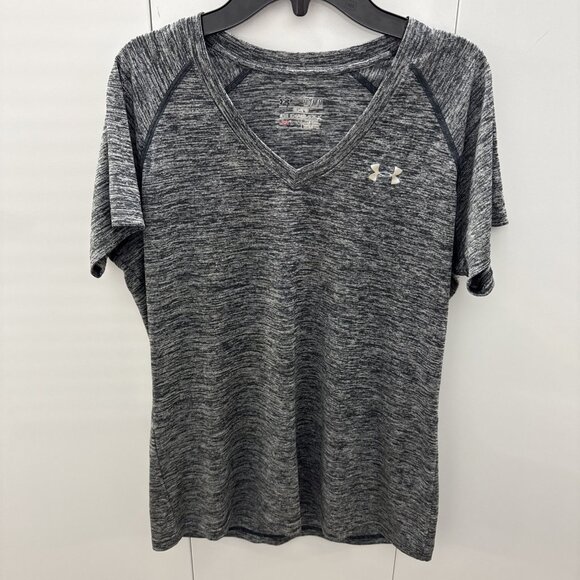 Under Armour Women’s Medium Workout Shirt Heatgear Semi Fitted V-Neck Shirt Gray - Picture 1 of 6